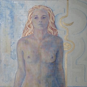 Acrylbild einer weiblichen Figur vor goldenen und blauen Strukturen, inspiriert durch die Sage der Selene